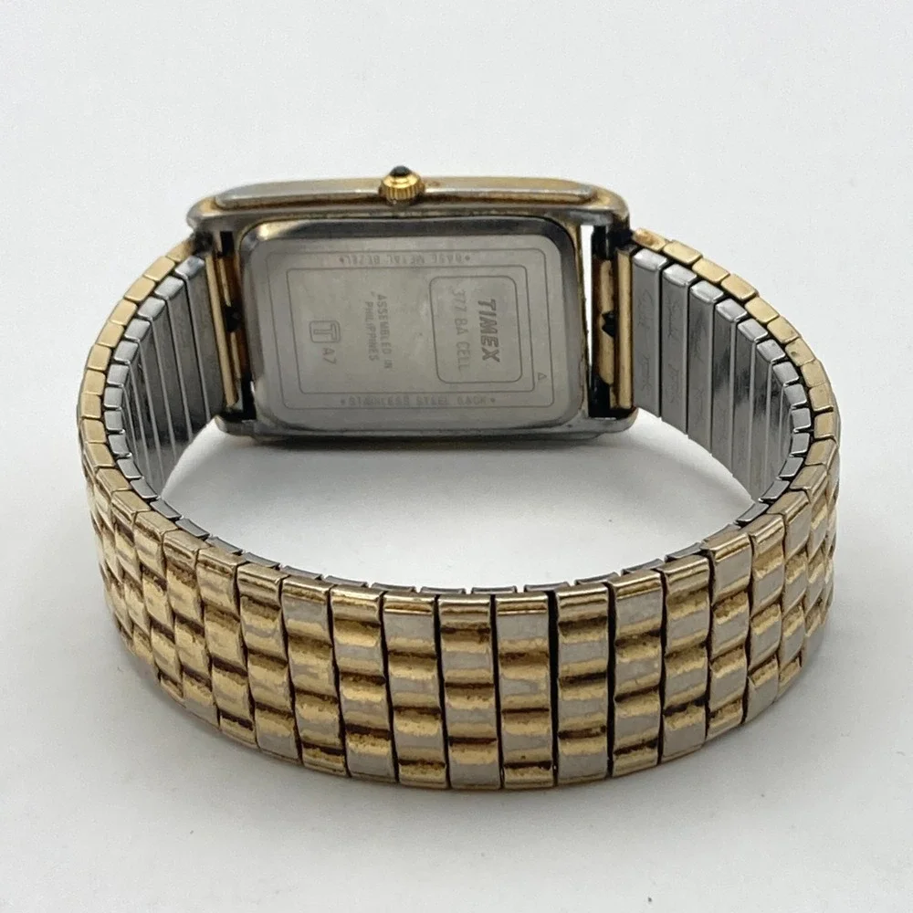 Vintage Timex Men's Tank Watch 25mm Gold Tone Striped Dial New Battery 7